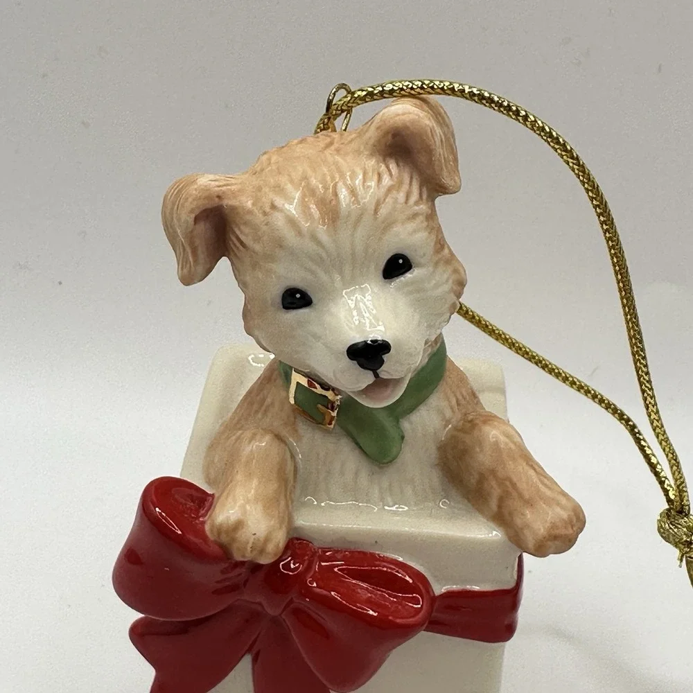 Lenox Dog in the Gift Present Box Furry‎ Friend Ornament Brown Porcelain